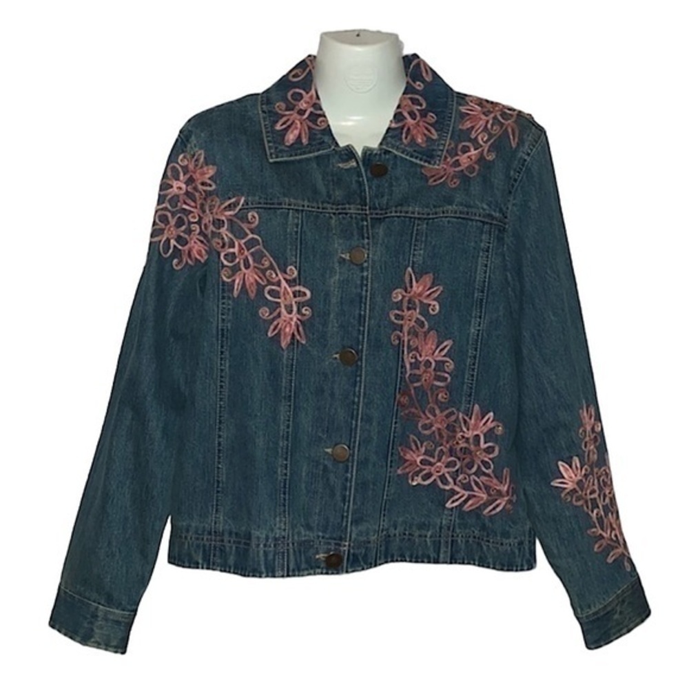 COLDWATER CREEK JEAN JACKET WITH PINK EMBROIDERY LADIES SIZE SMALL Denim Trucker